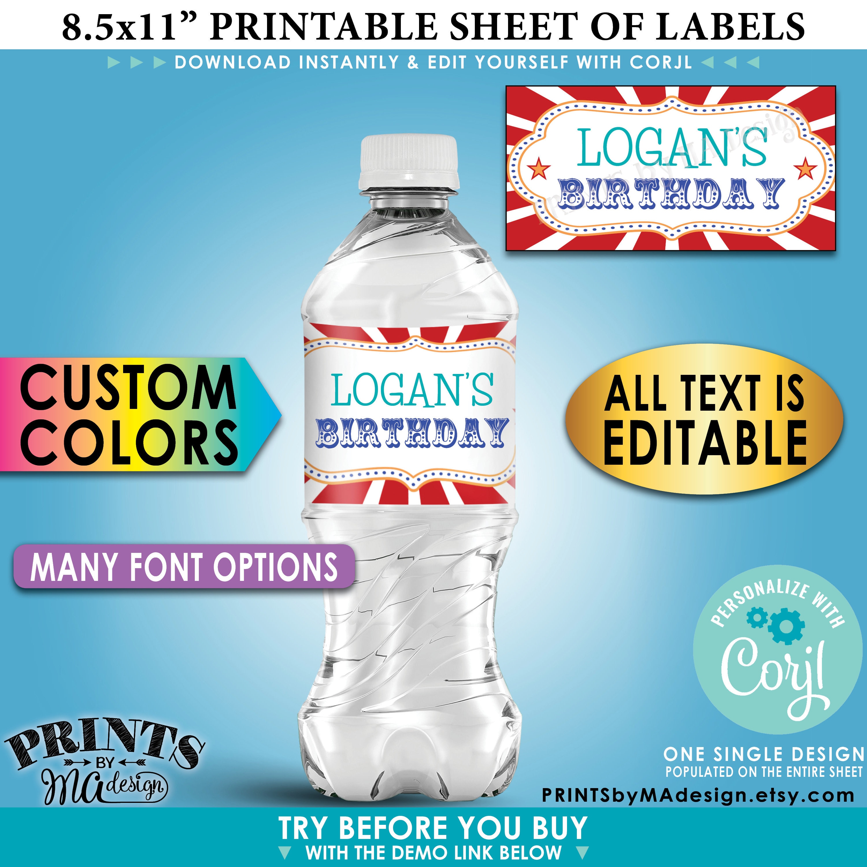 free printable circus water bottle labels