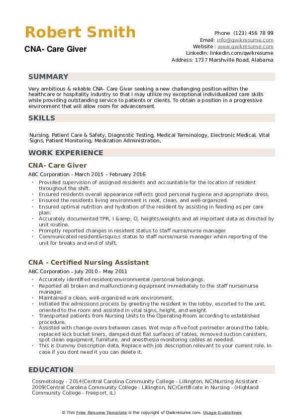 free printable cna resume