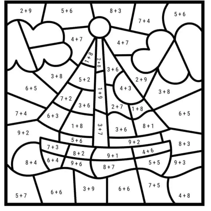 free printable color by number addition worksheet