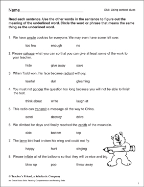 Using Context Clues | Printable Skills Sheets