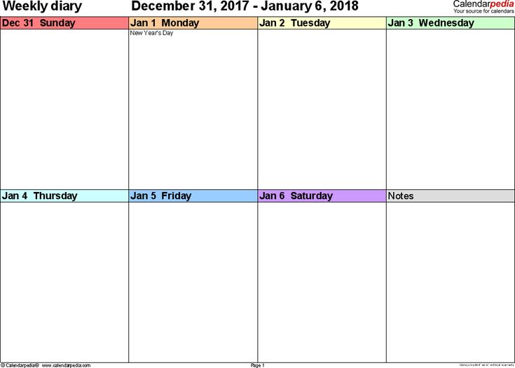 Weekly Calendars 2018 for PDF - 12 free printable templates