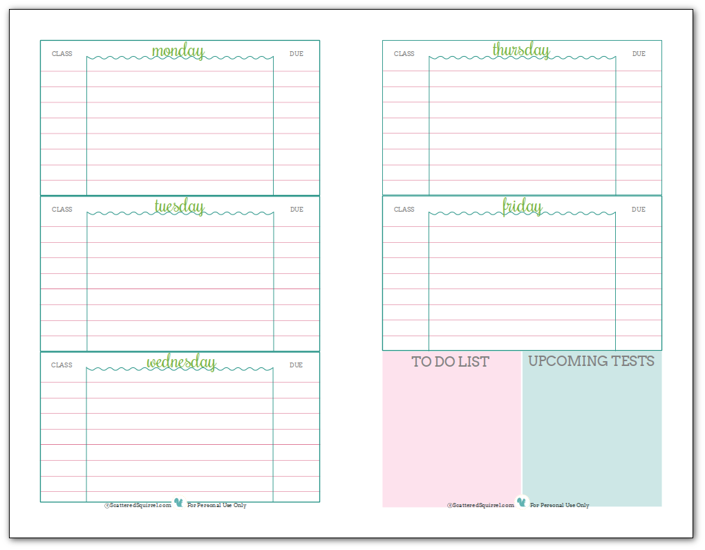 free printable daily student planner