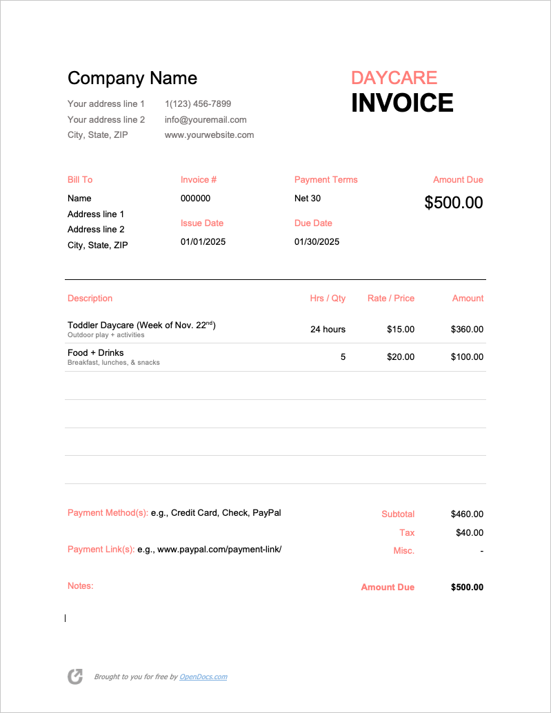 free printable daycare invoice template