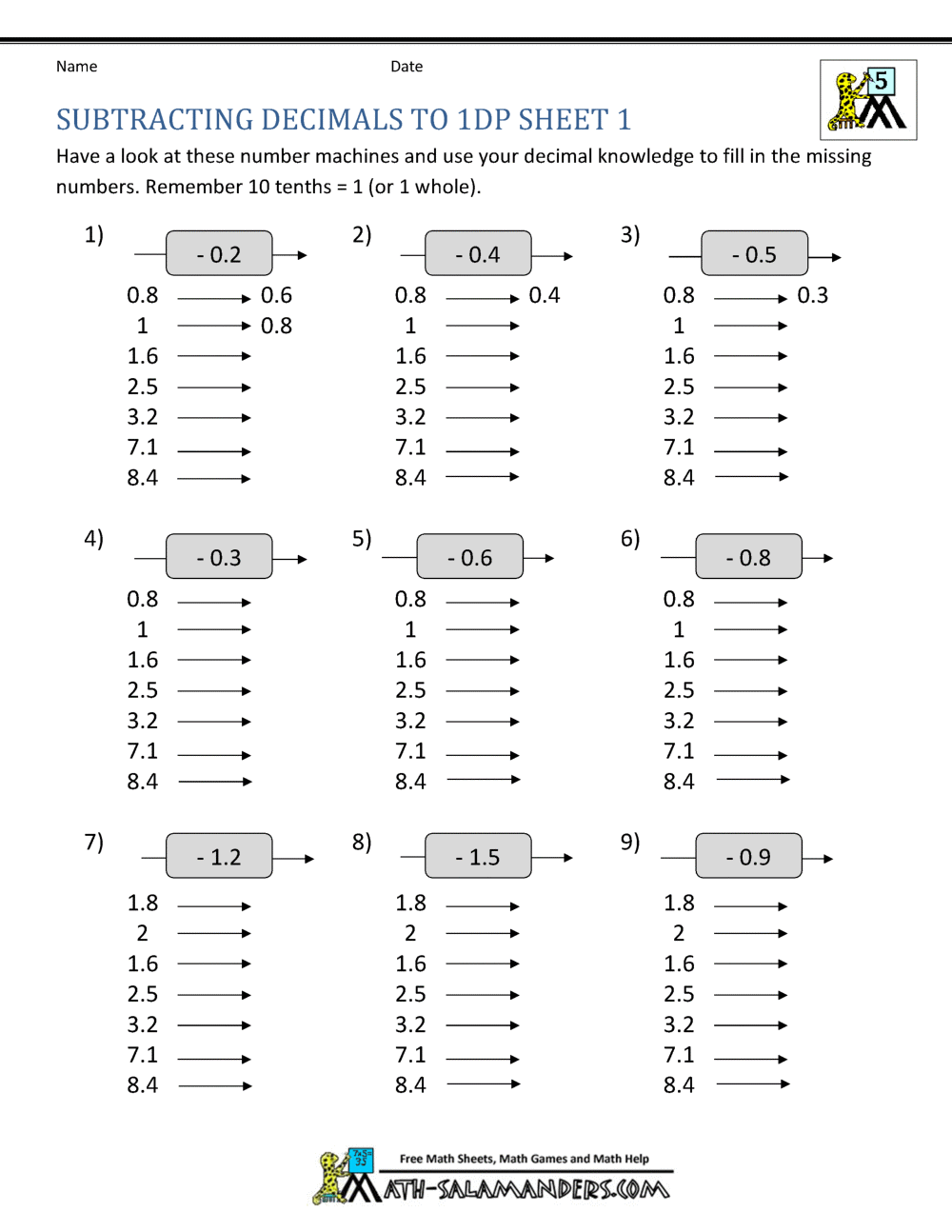 free printable decimal worksheet