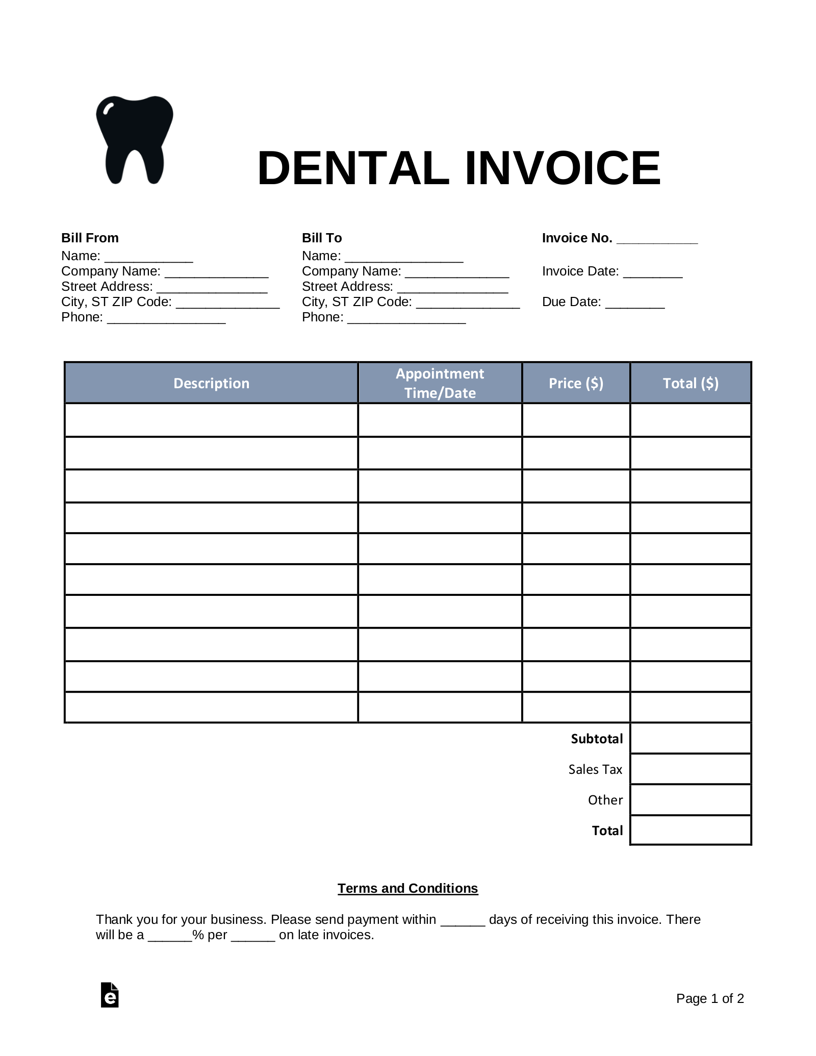 free printable dental invoice