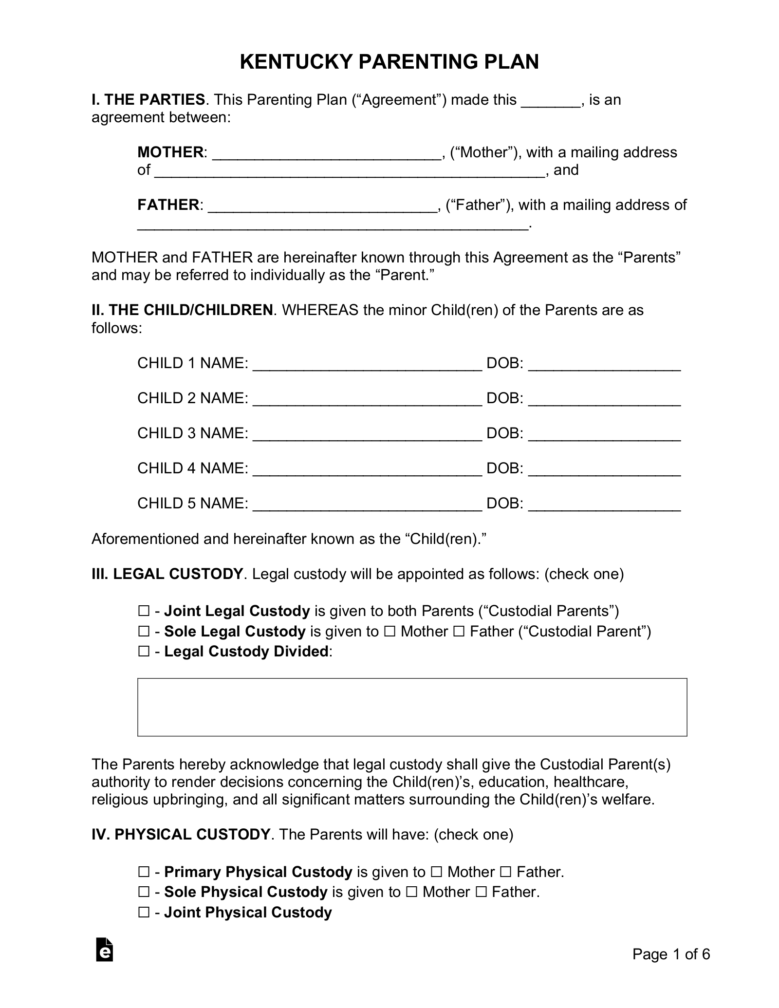 free printable divorce papers ky