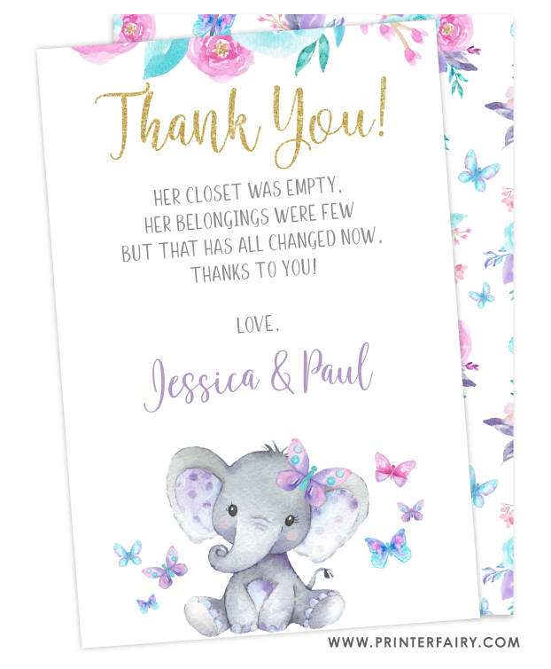 Elephant Baby Shower Thank You Card | PrinterFairy