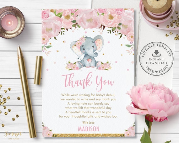 Elephant Thank You Card, EDITABLE TEMPLATE, Elephant Baby Shower ...