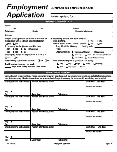 free printable employment application template