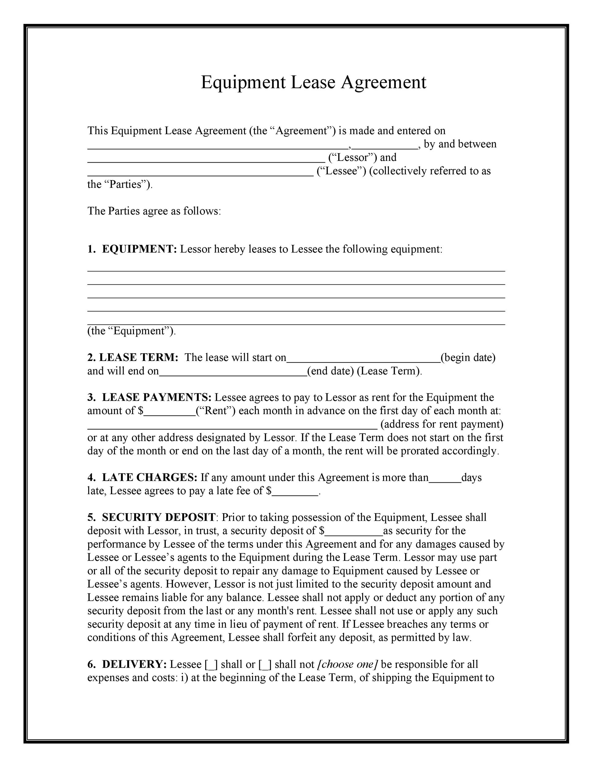free printable equipment rental agreement