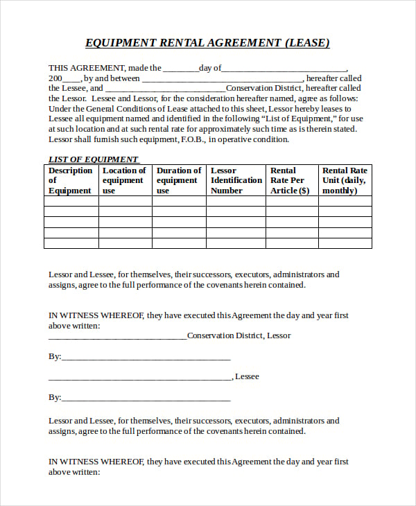 free printable equipment rental agreement