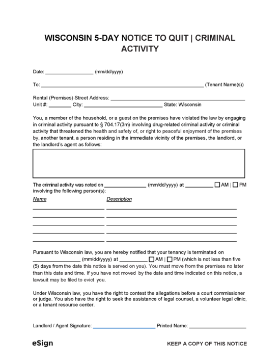 free printable eviction notice for wisconsin