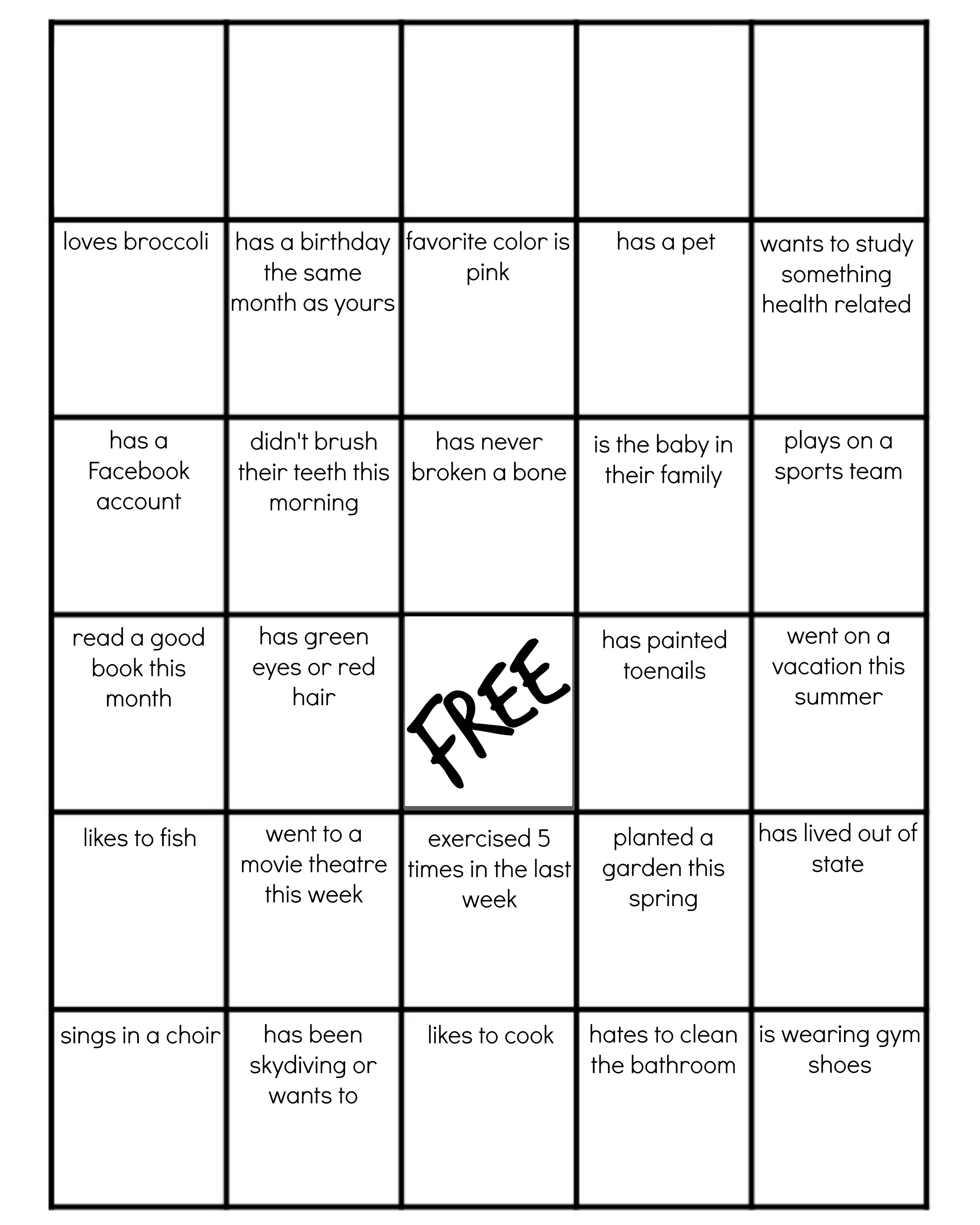 free printable family bingo cards