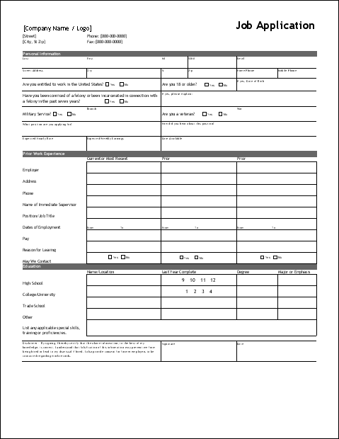 free printable generic employment application form