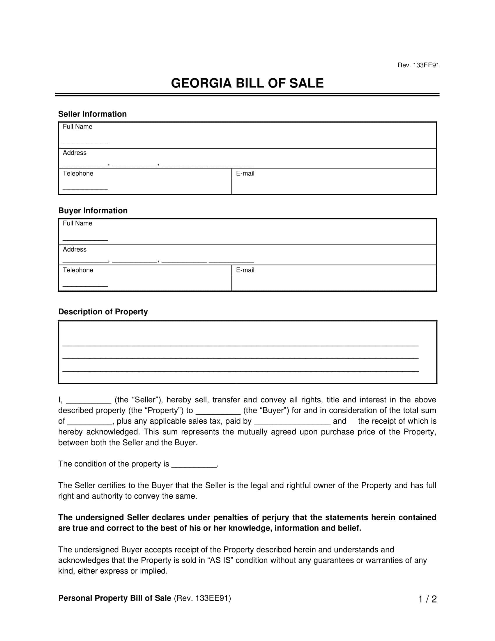 free printable georgia vehicle bill of sale