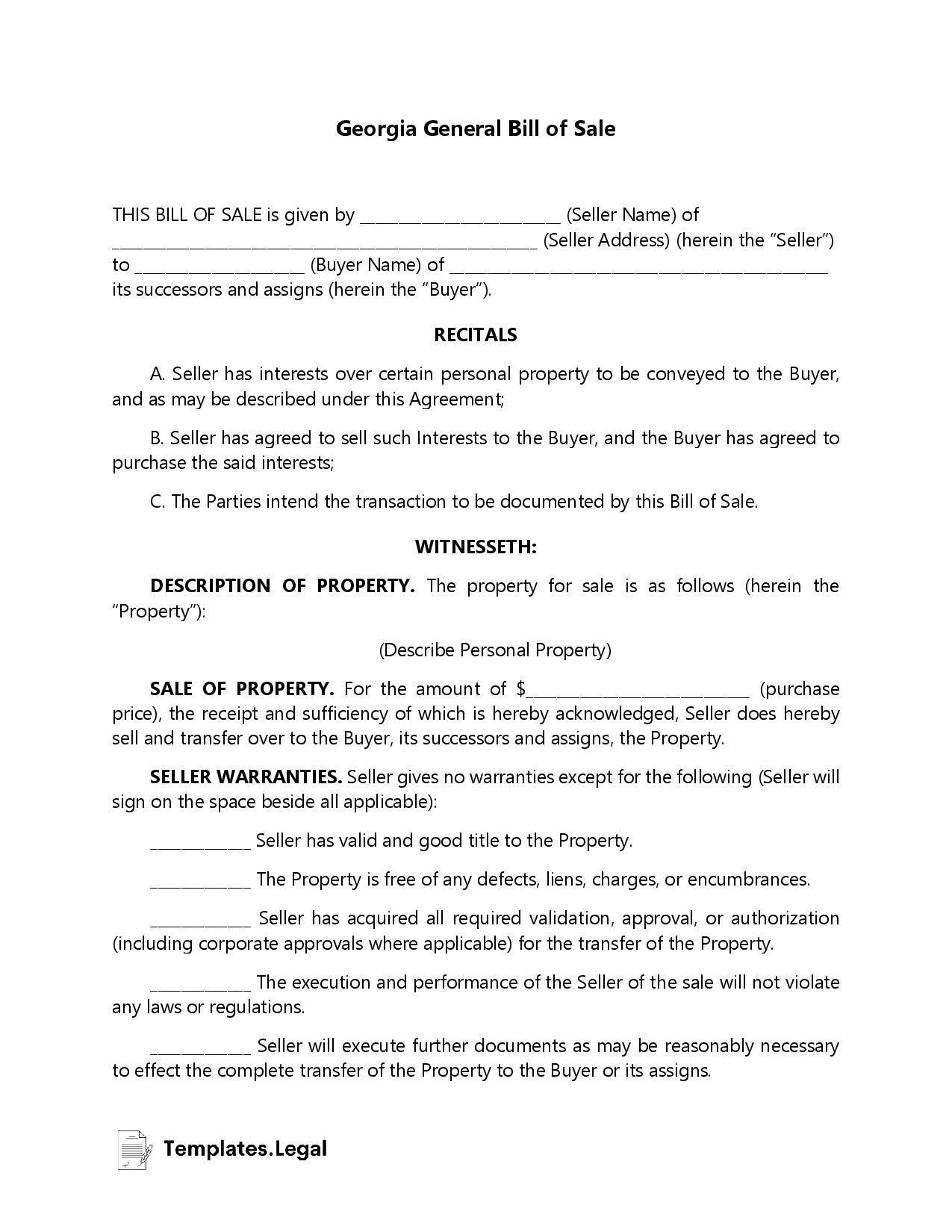 Georgia Bill of Sale Templates [Free] (Word, PDF, ODT)