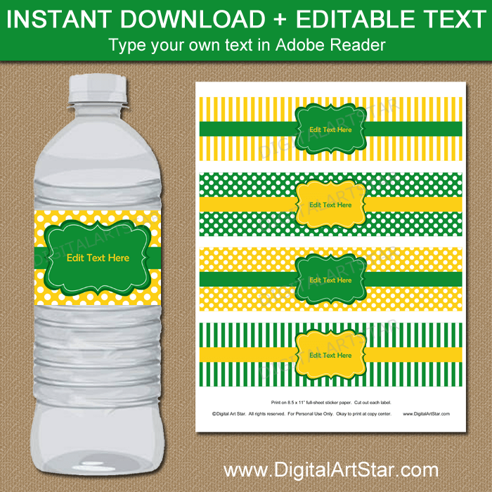 Kelly Green and Yellow Water Bottle Label Template Printable ...