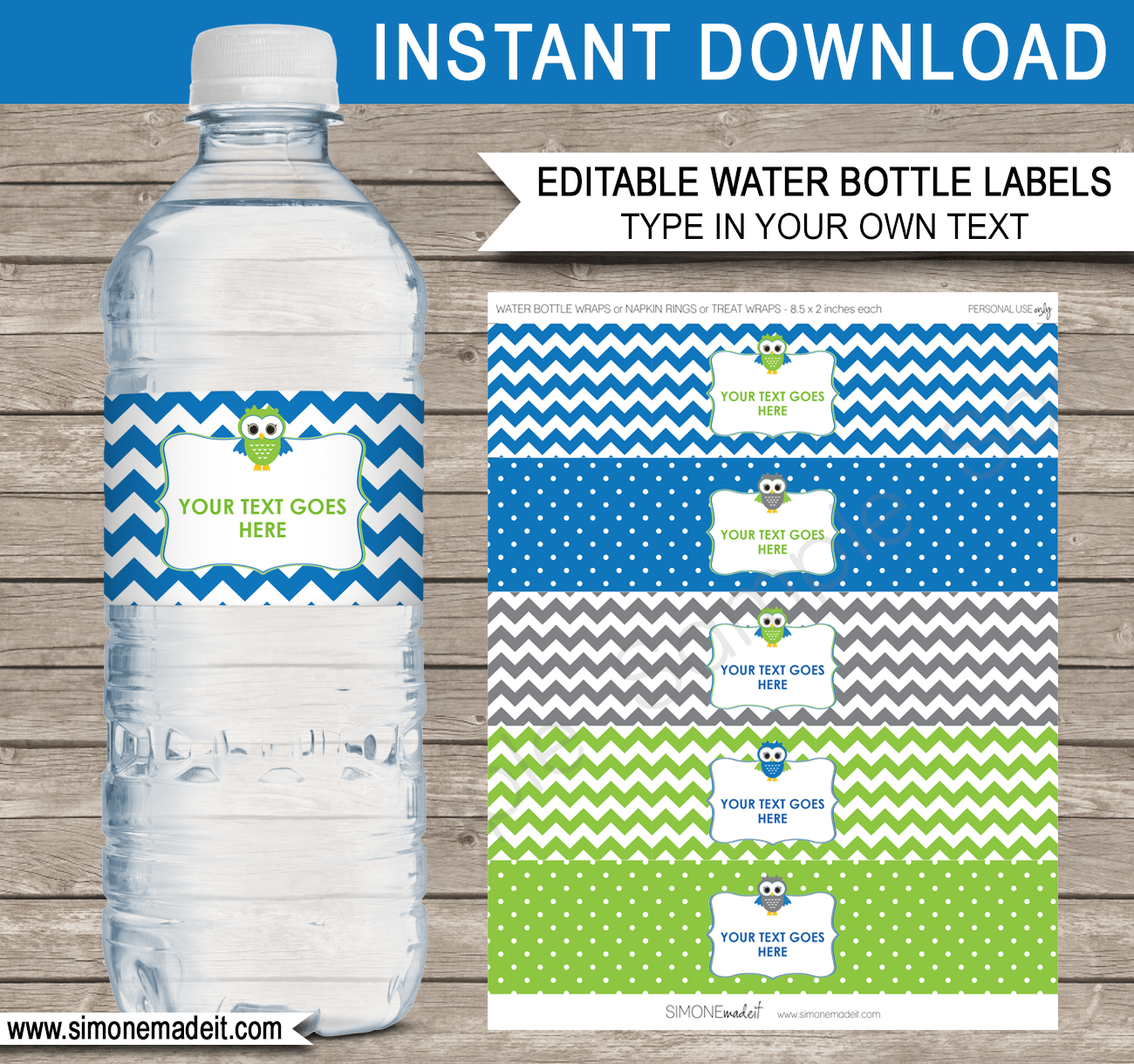 Owl Party Water Bottle Labels template - Blue