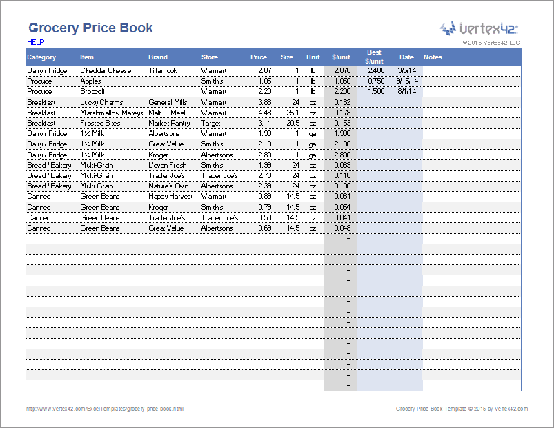 free printable grocery price list
