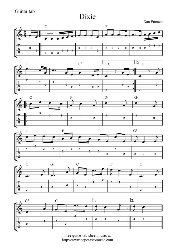 Free guitar tab sheet music, Dixie