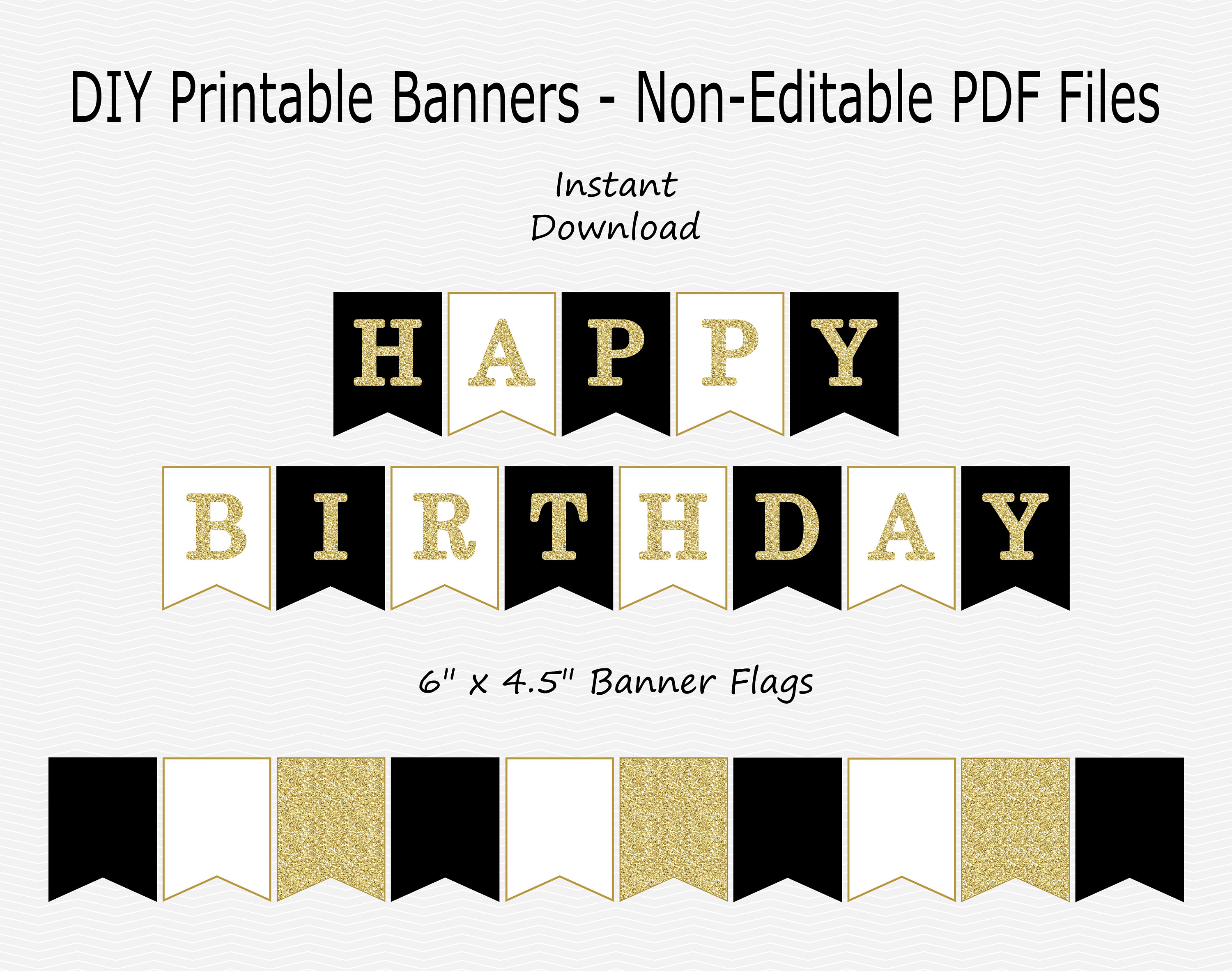 Happy Birthday Banner Black, White &  Gold Glitter PRINTABLE ...