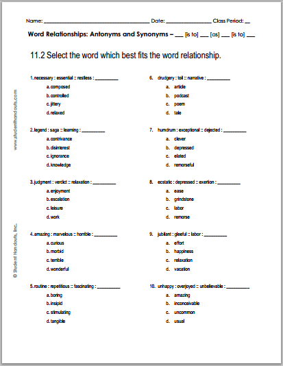 free printable high school english worksheet