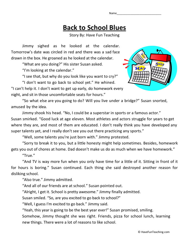 Back to School Blues Reading Comprehension Worksheet - Have Fun ...