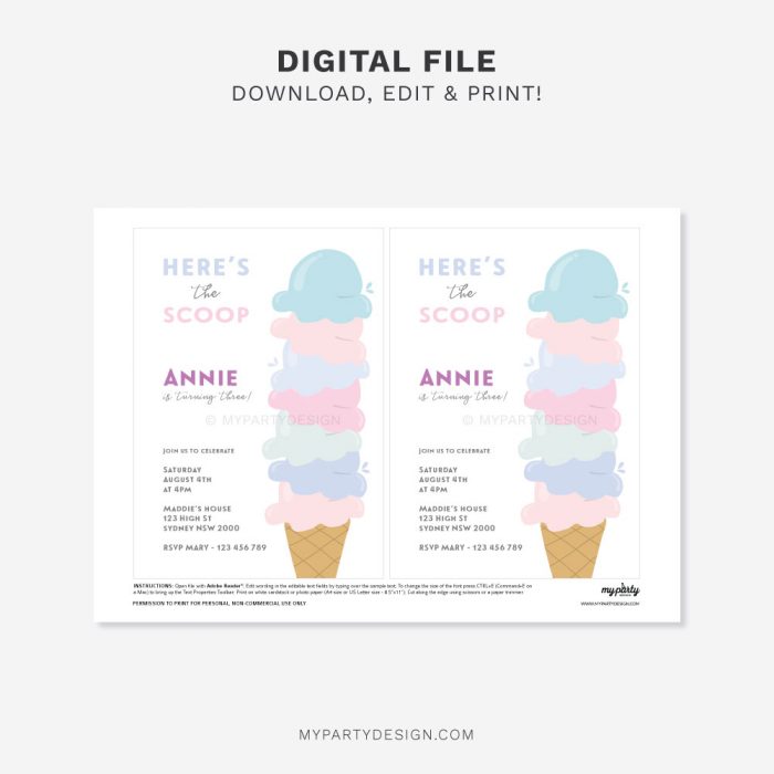 Printable Ice Cream Party Invitation, Girl Summer Invite - My ...