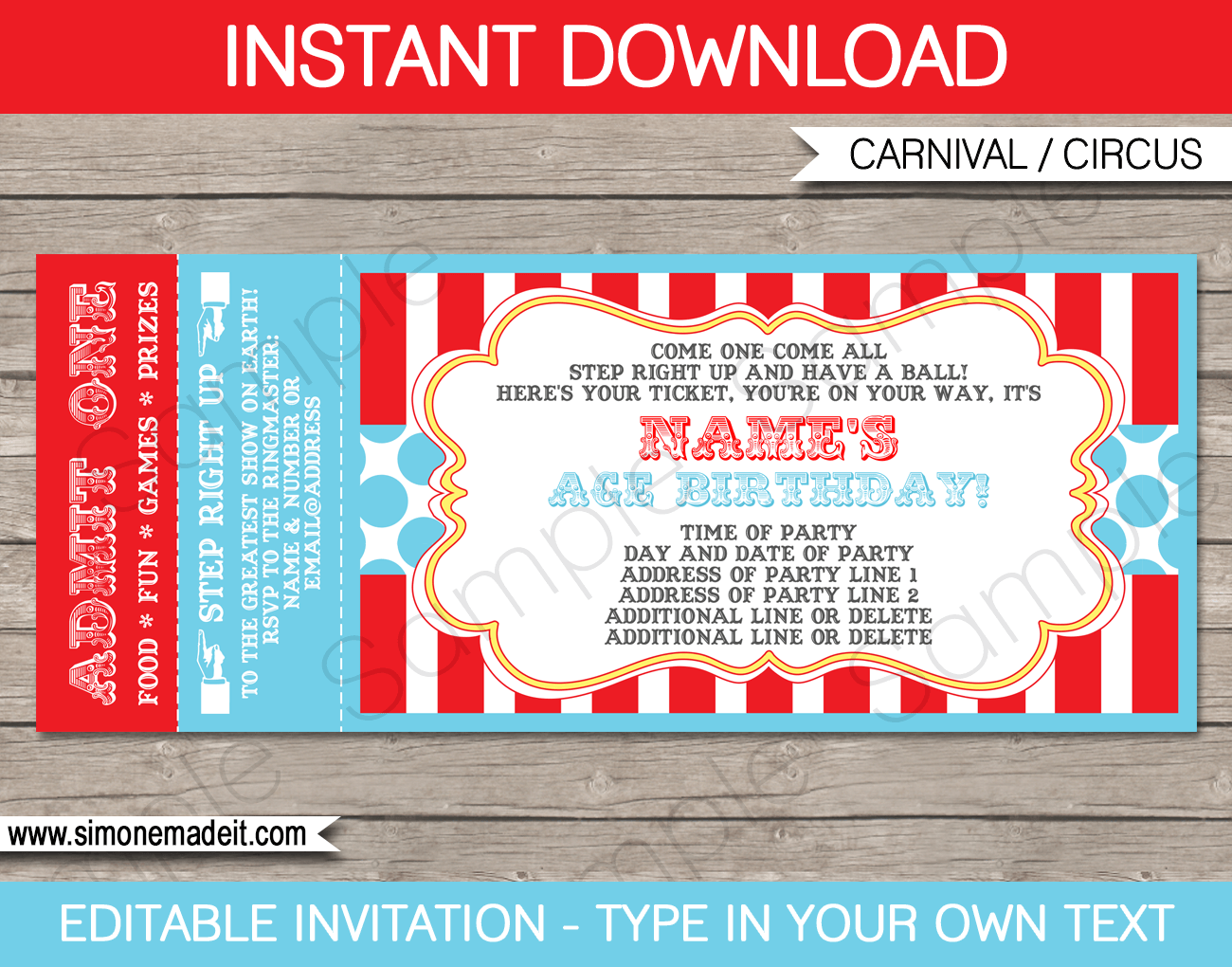 Circus Ticket Invitation template - red/aqua