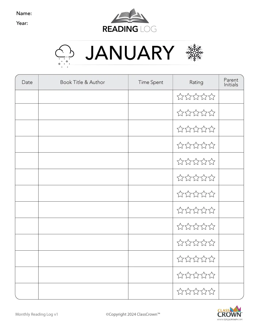 free printable january reading log