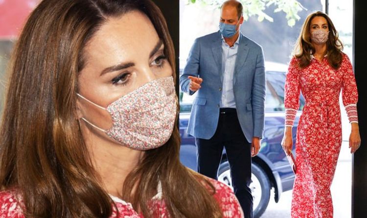 Kate Middleton wears red floral dress and Liberty print face mask ...