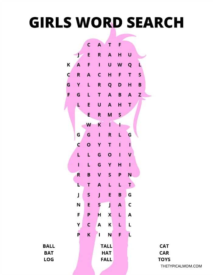 free printable kindergarten word searches