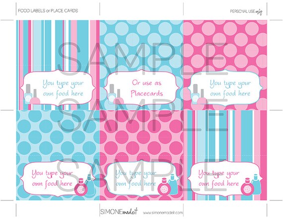 Spa Party Food Labels Template Printable Birthday Party ...