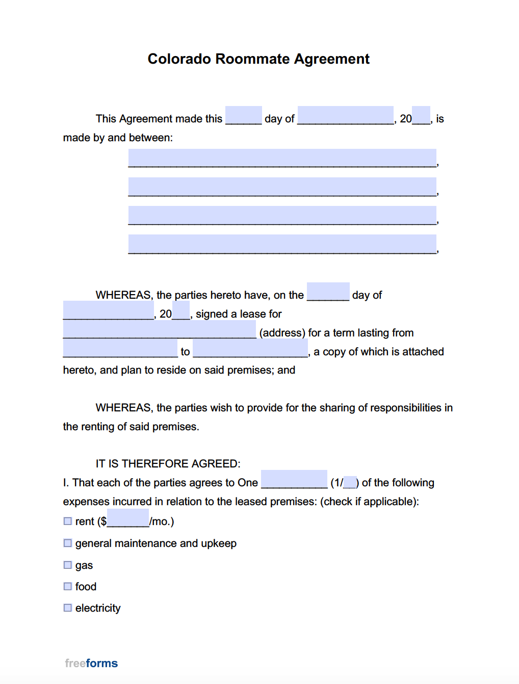 Free Colorado Roommate Agreement Template | PDF | WORD