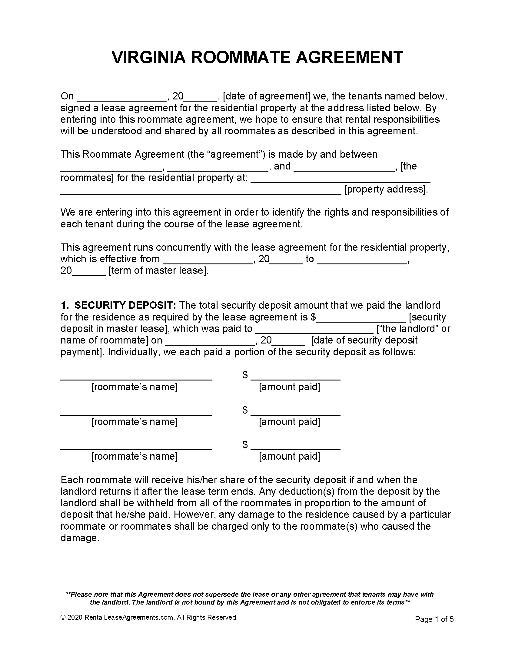 Free Virginia Roommate Agreement | PDF - MS Word