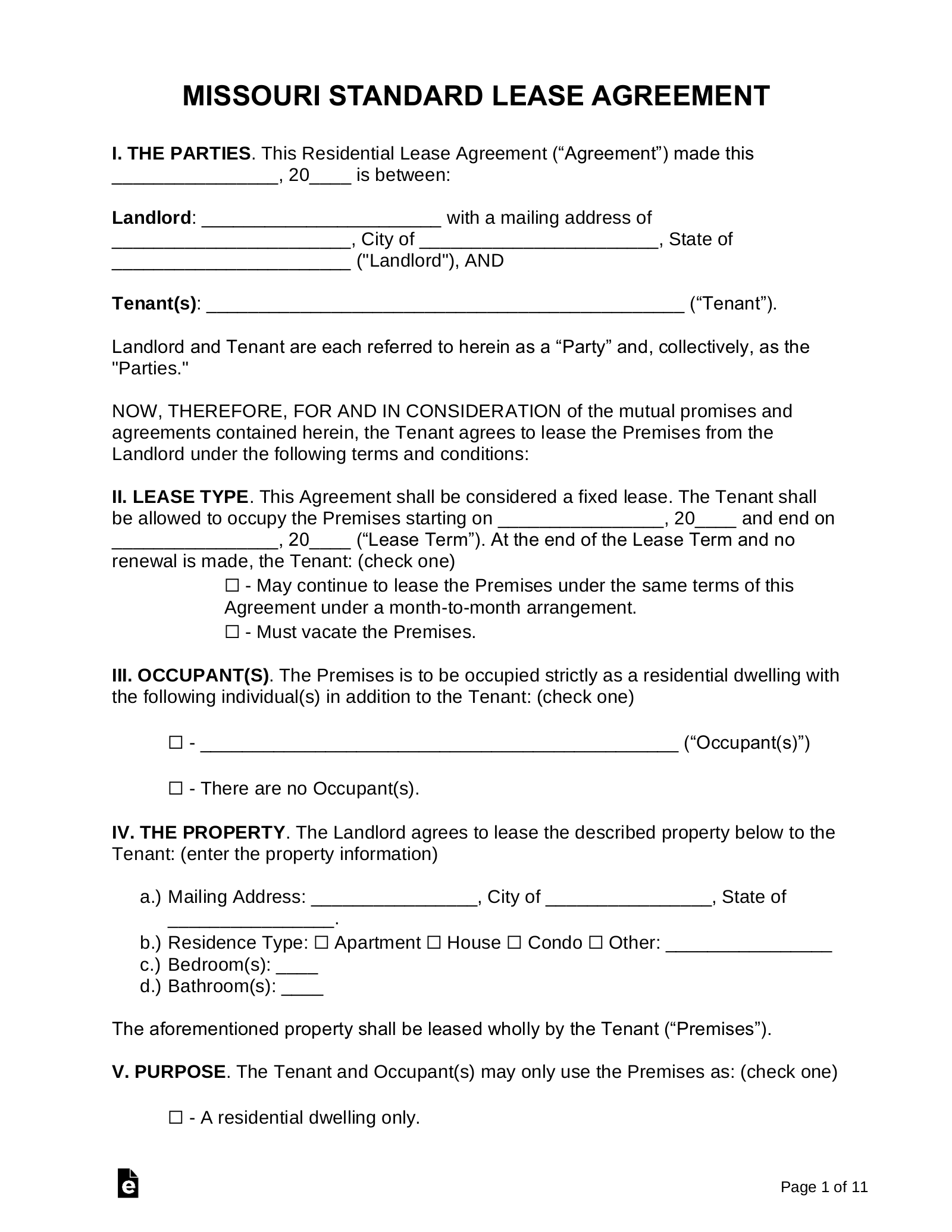free printable lease agreement mo