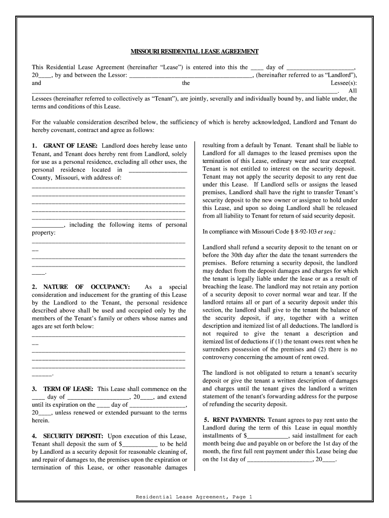 free printable lease agreement mo