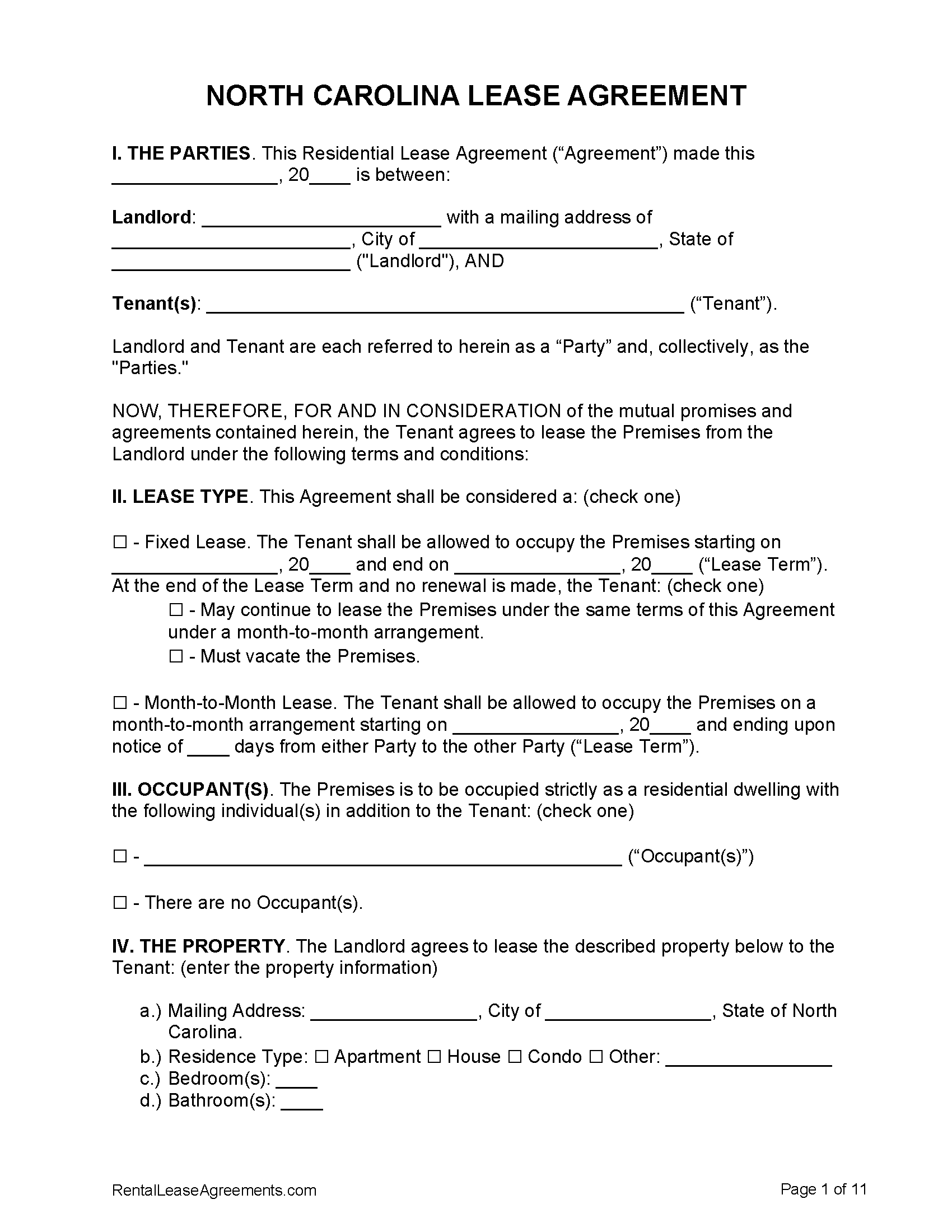 free printable lease agreement north carolina