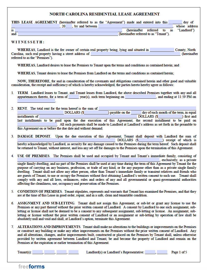 free printable lease agreement north carolina