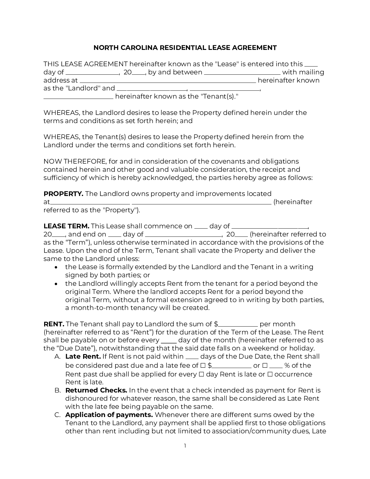 free printable lease agreement north carolina