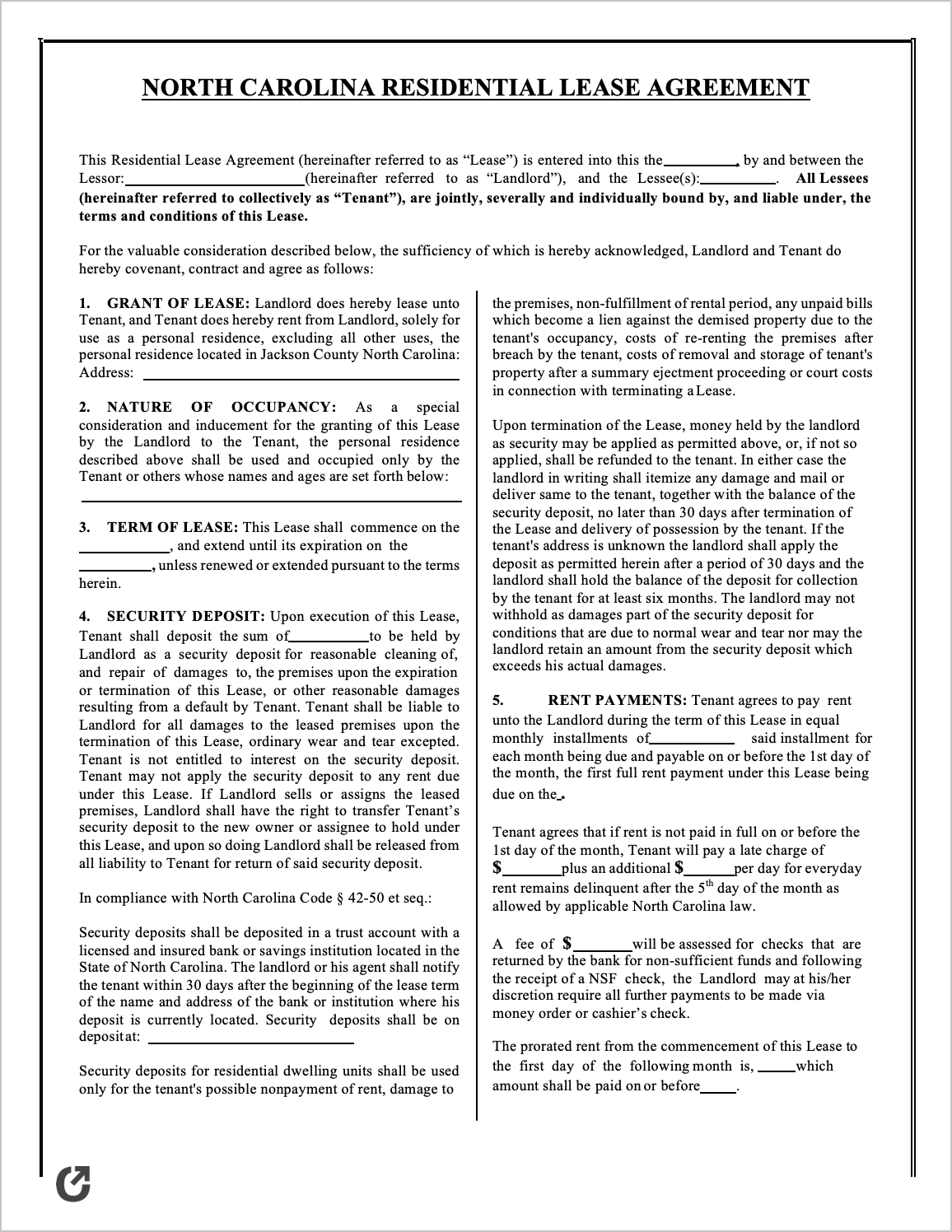 free printable lease agreement north carolina