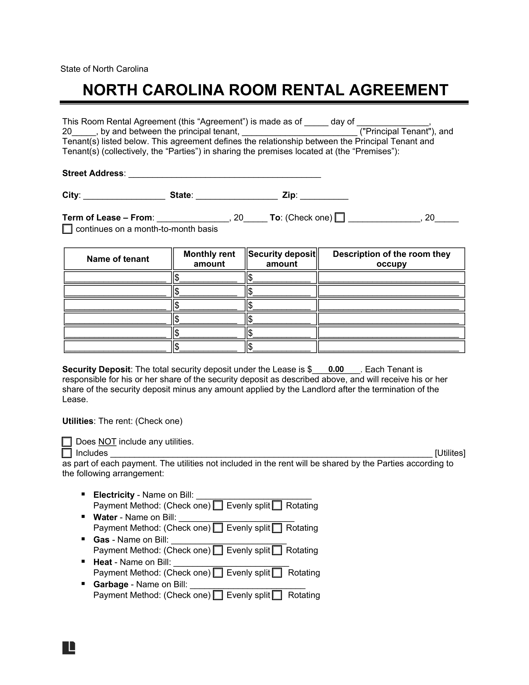 free printable lease agreement north carolina