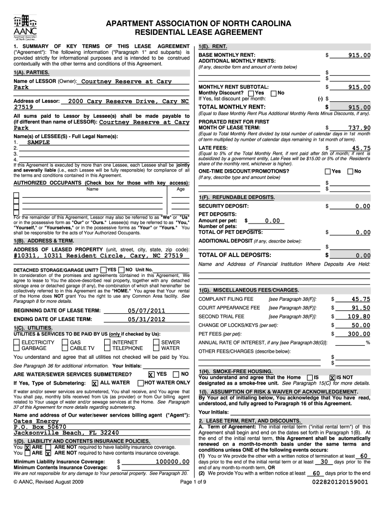 free printable lease agreement north carolina