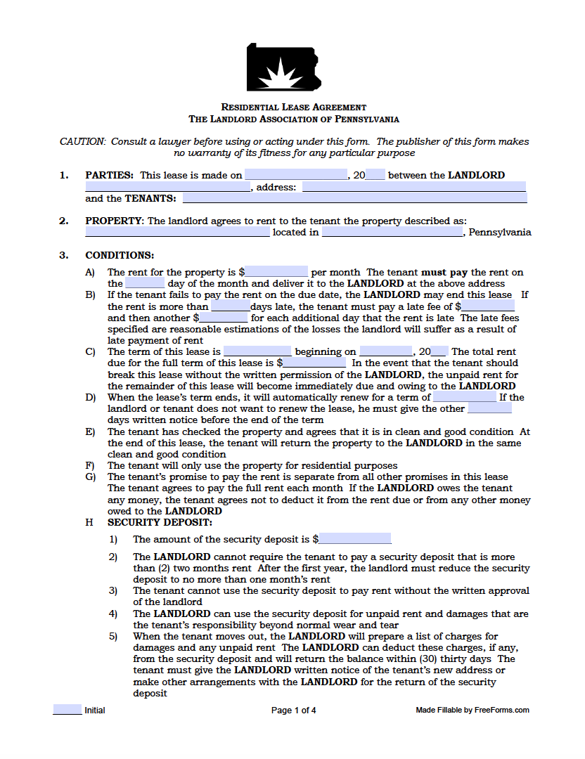 Free Pennsylvania Rental Lease Agreement Templates PDF Worksheets