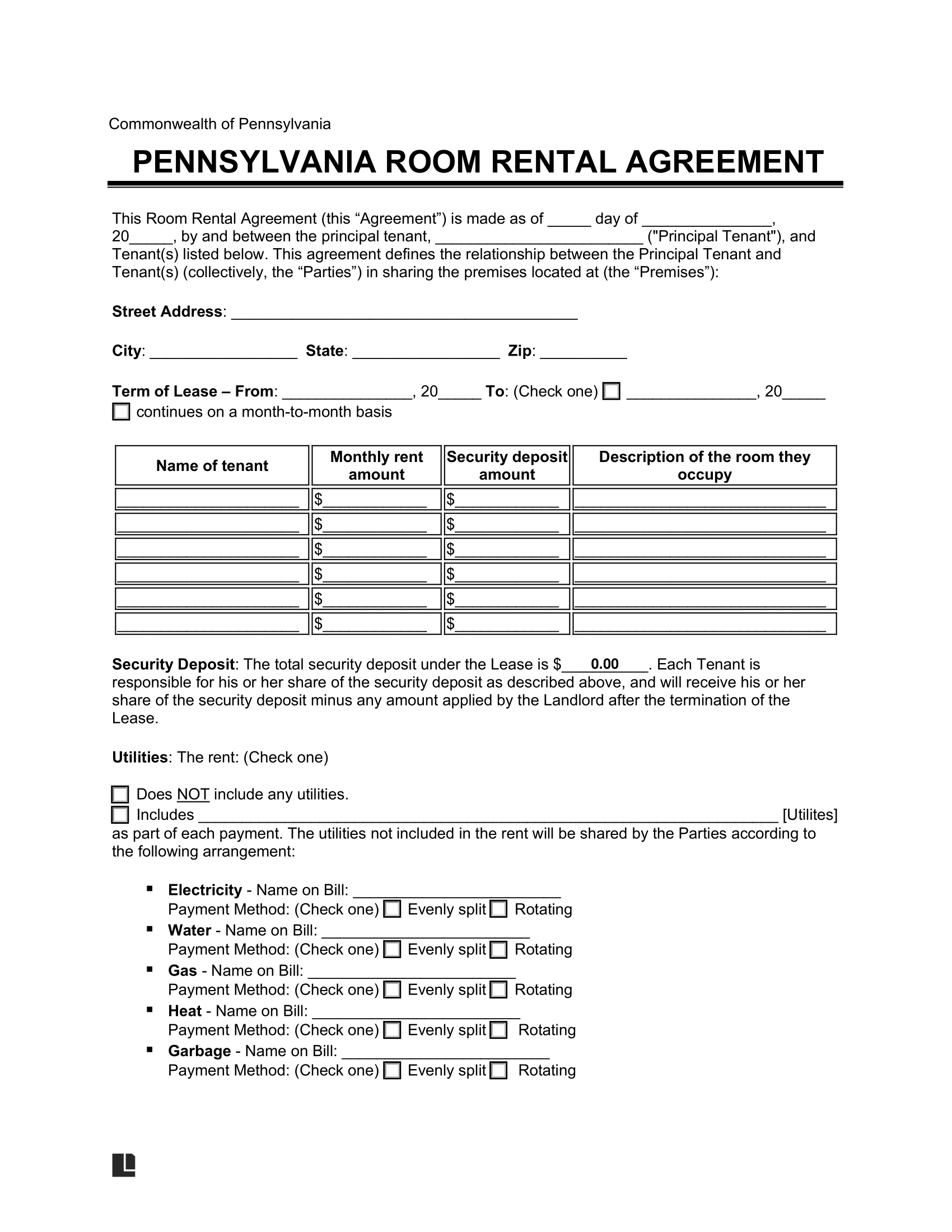 free printable lease agreement pa