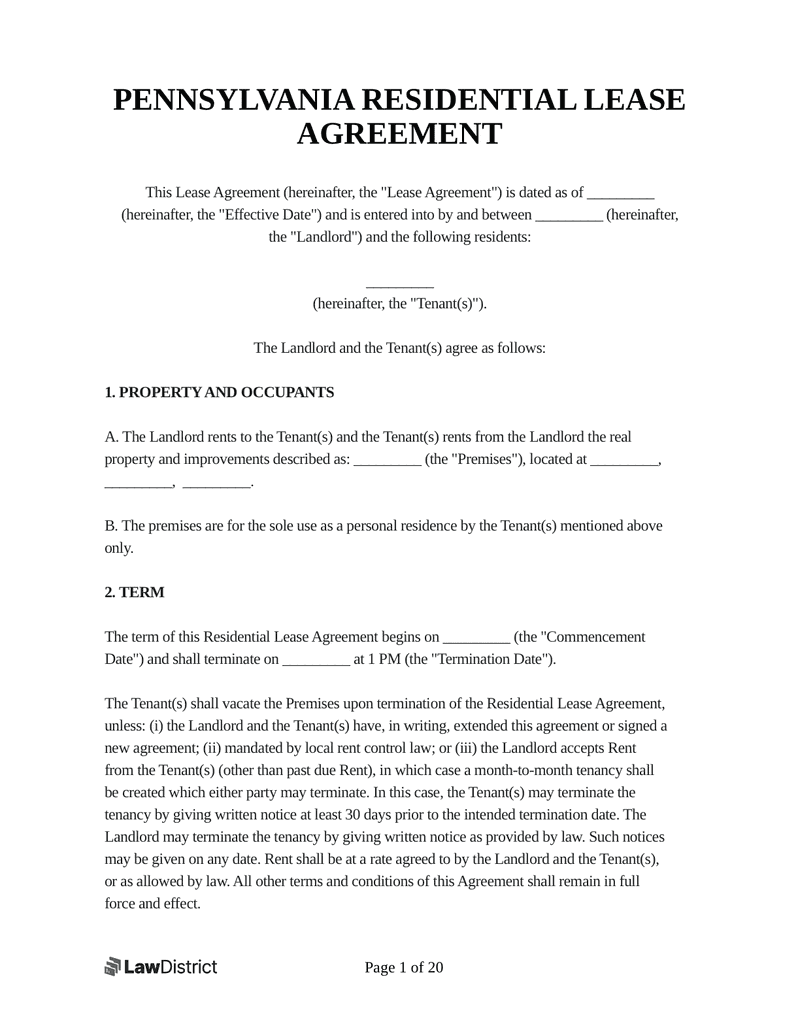 free printable lease agreement pa