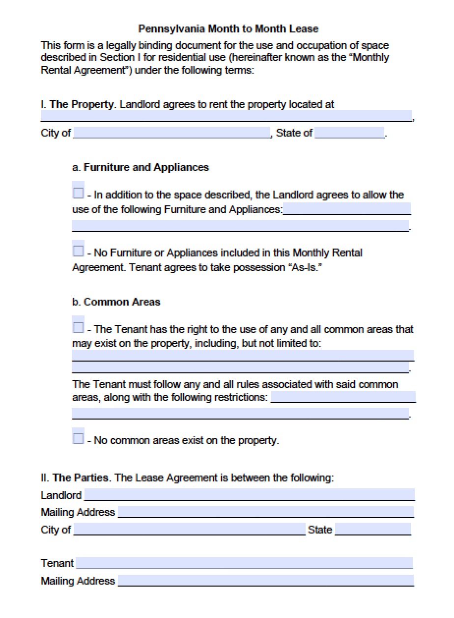 free printable lease agreement pa