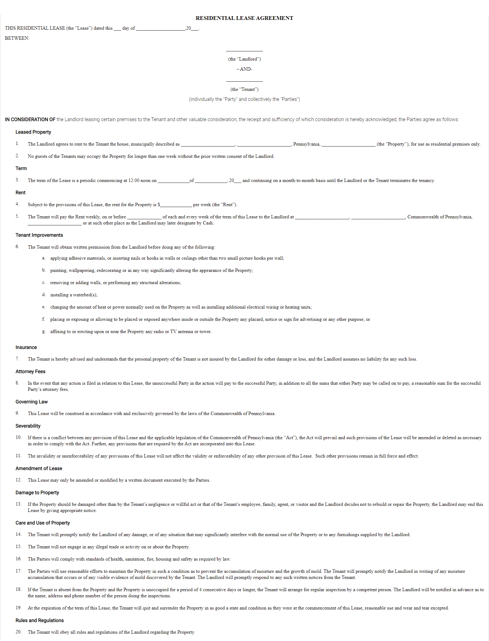 Free Pennsylvania(PA) Monthly Rental Lease Agreement Form - Forms ...