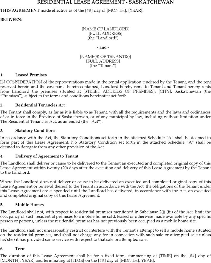 Free Residential Lease Agreement Saskatchewan - PDF | 220KB | 3 ...
