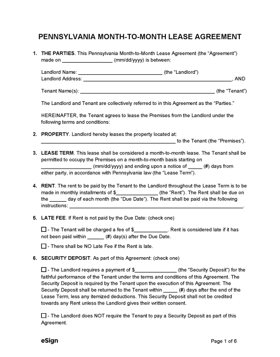 Free Pennsylvania Month-to-Month Lease Agreement Template | PDF | Word